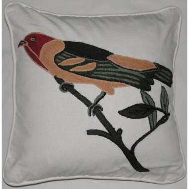 Crewel Pillow Sparrow on White Cotton Duck  Fabric